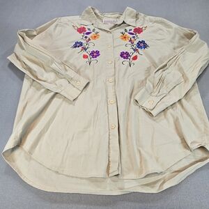Westbound Cream Embroidered Floral Button Down Shirt Long Sleeve Large